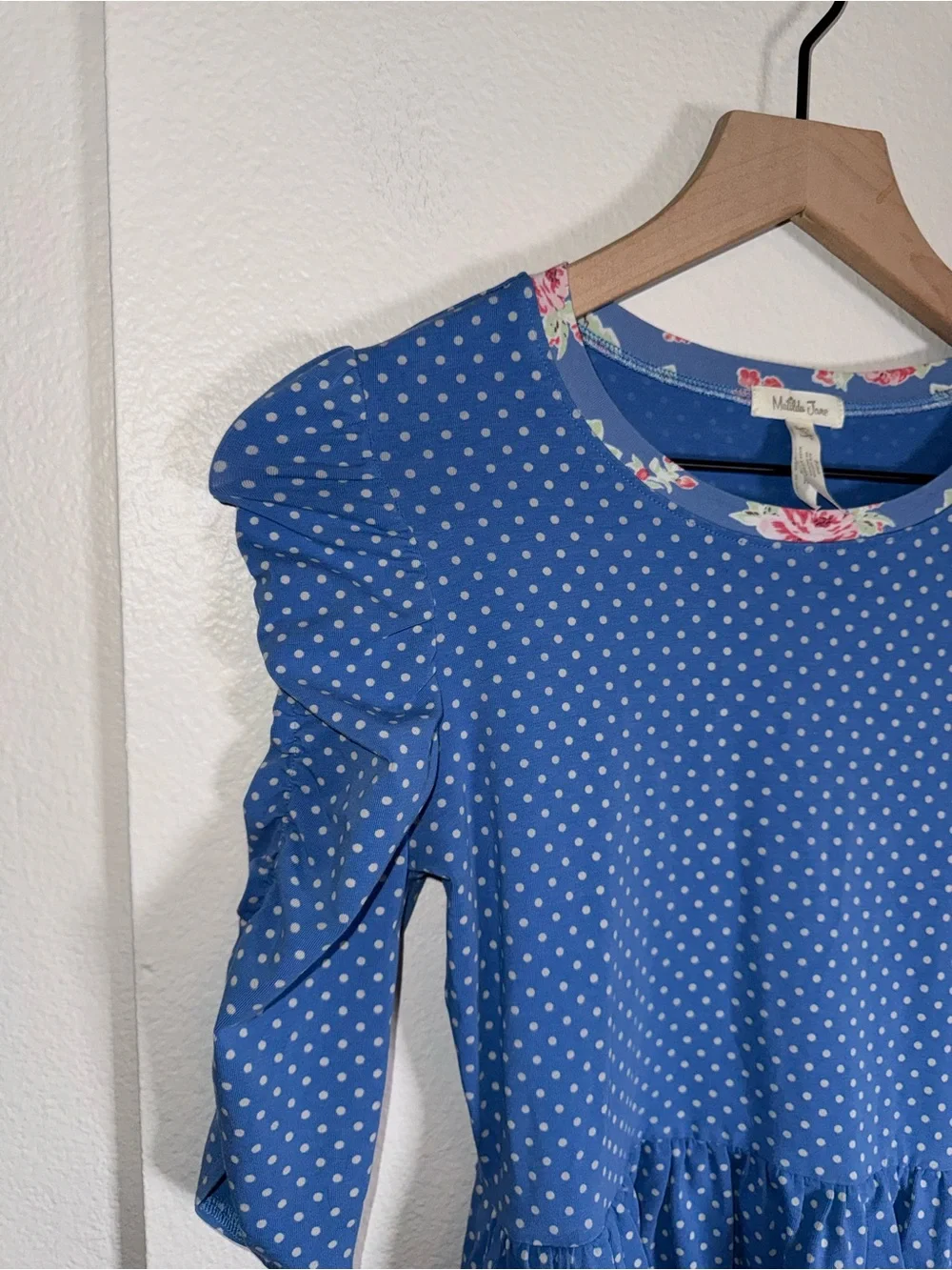 MATILDA JANE Girls Light Blue Polka Dot Dress with Pink Floral Trim 12